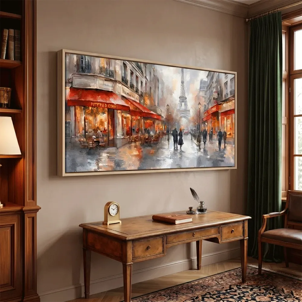 Paris Café Street Canvas Wall Art – Eiffel Tower Panorama With Frame