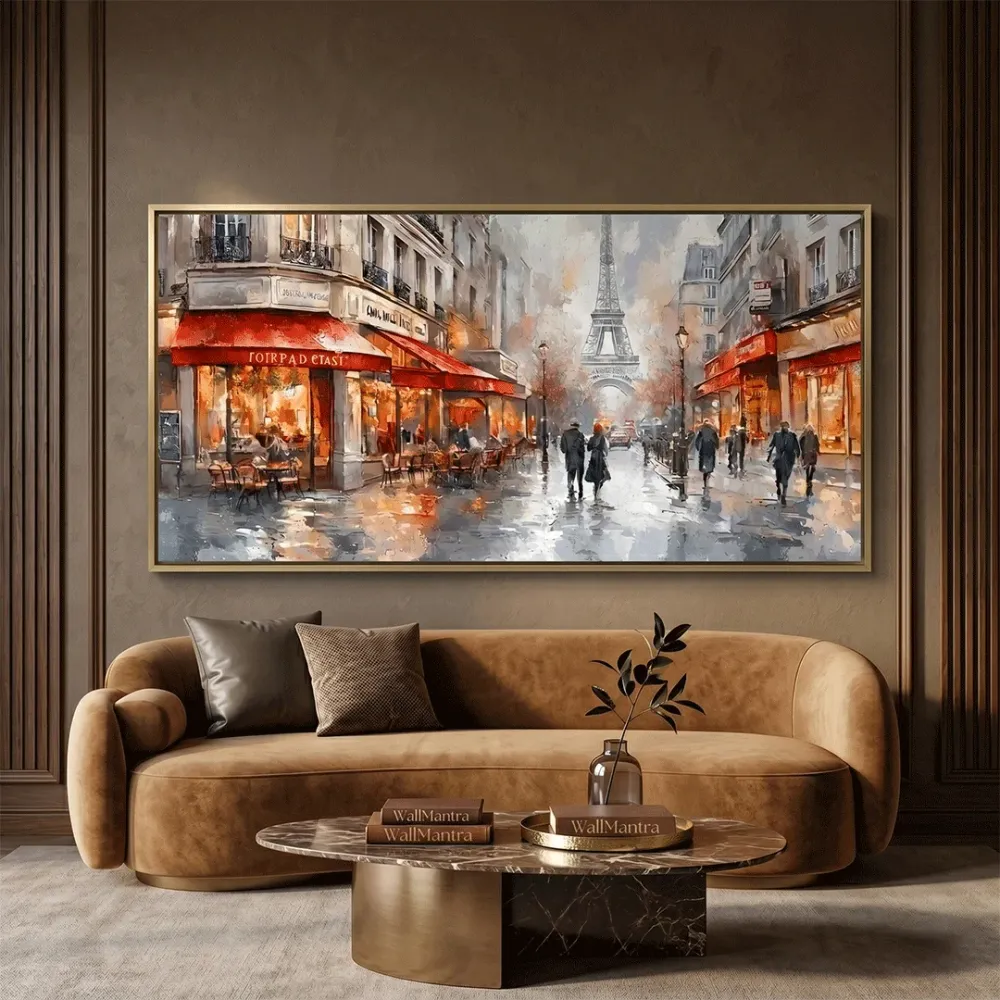 Paris Café Street Canvas Wall Art – Eiffel Tower Panorama With Frame