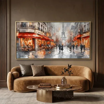 Paris Café Street Canvas Wall Art – Eiffel Tower Panorama