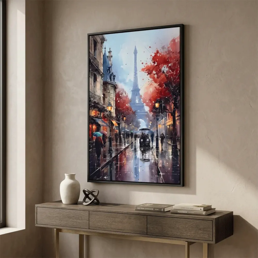 Paris Rain Street Canvas Wall Art – Eiffel Tower Vertical Frame With Frame