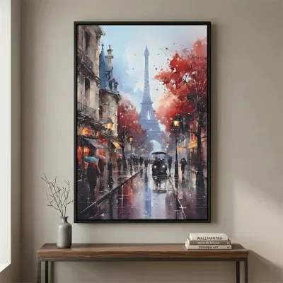 Paris Rain Street Canvas Wall Art – Eiffel Tower Vertical Frame