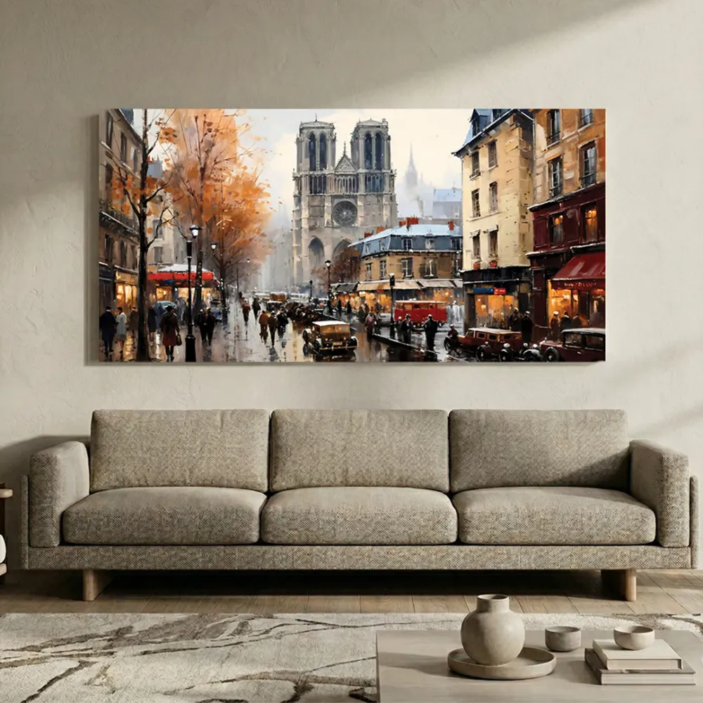 Paris Street Autumn Canvas Wall Art – Framed Panorama With Frame