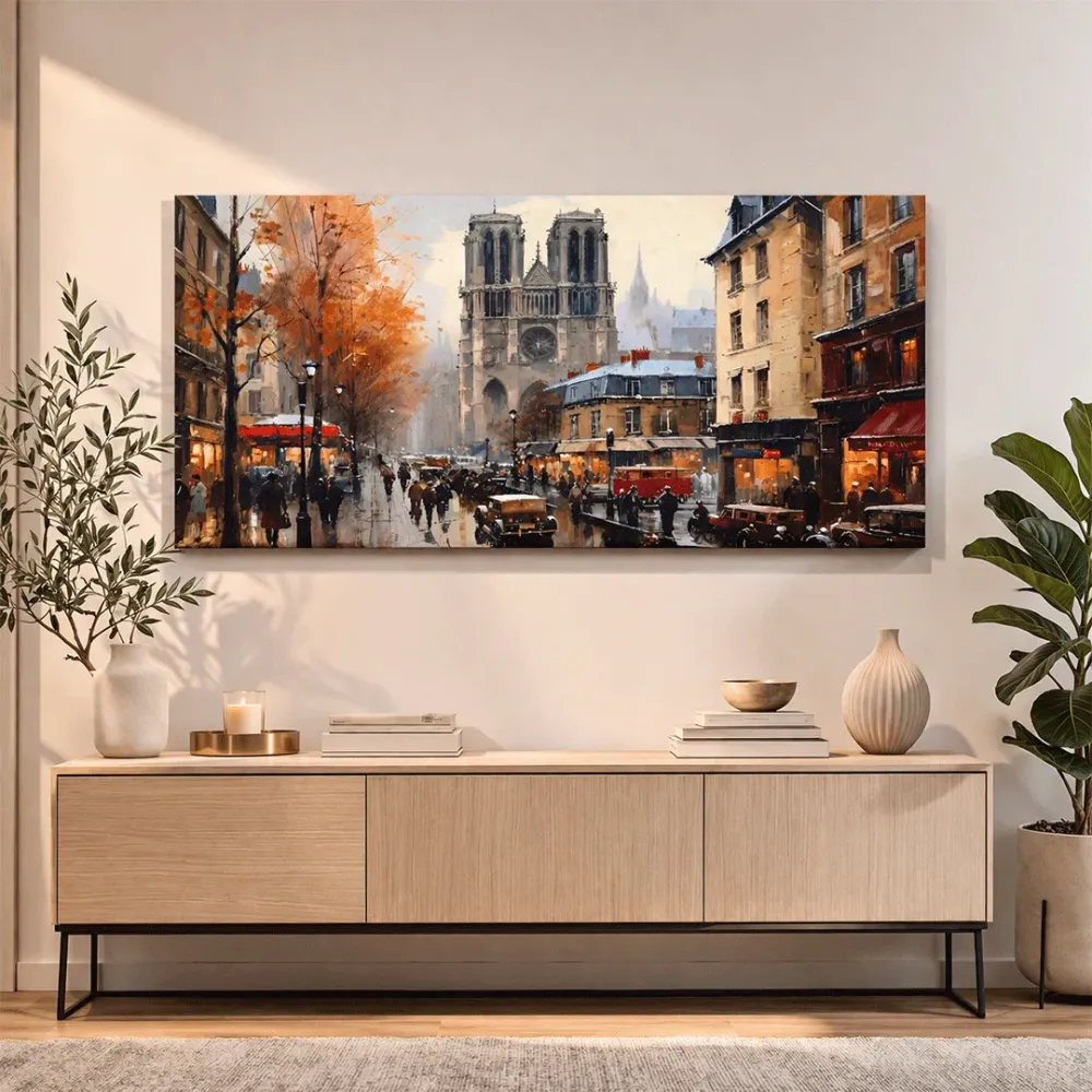 Paris Street Autumn Canvas Wall Art – Framed Panorama With Frame