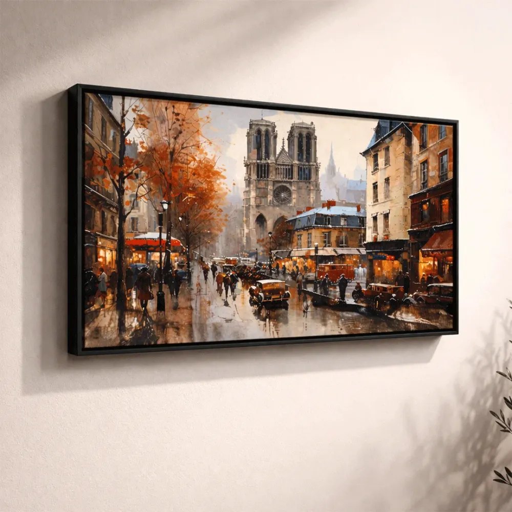 Paris Street Autumn Canvas Wall Art – Framed Panorama With Frame