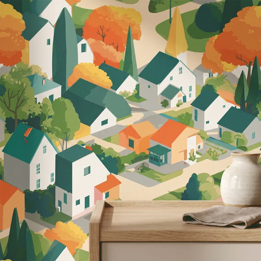 Scandinavian Village Kids Wallpaper | Premium Korean Vinyl Nursery Wallpaper