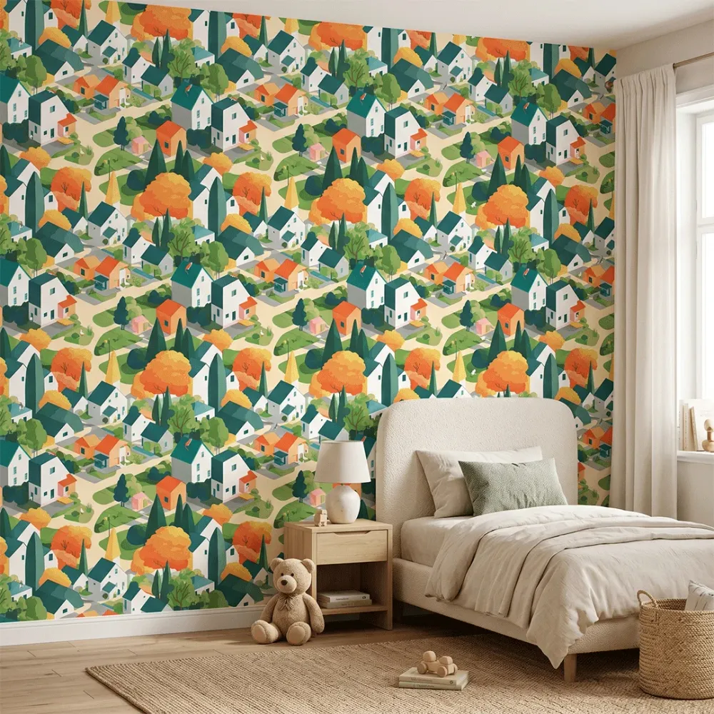 Scandinavian Village Kids Wallpaper | Premium Korean Vinyl Nursery Wallpaper