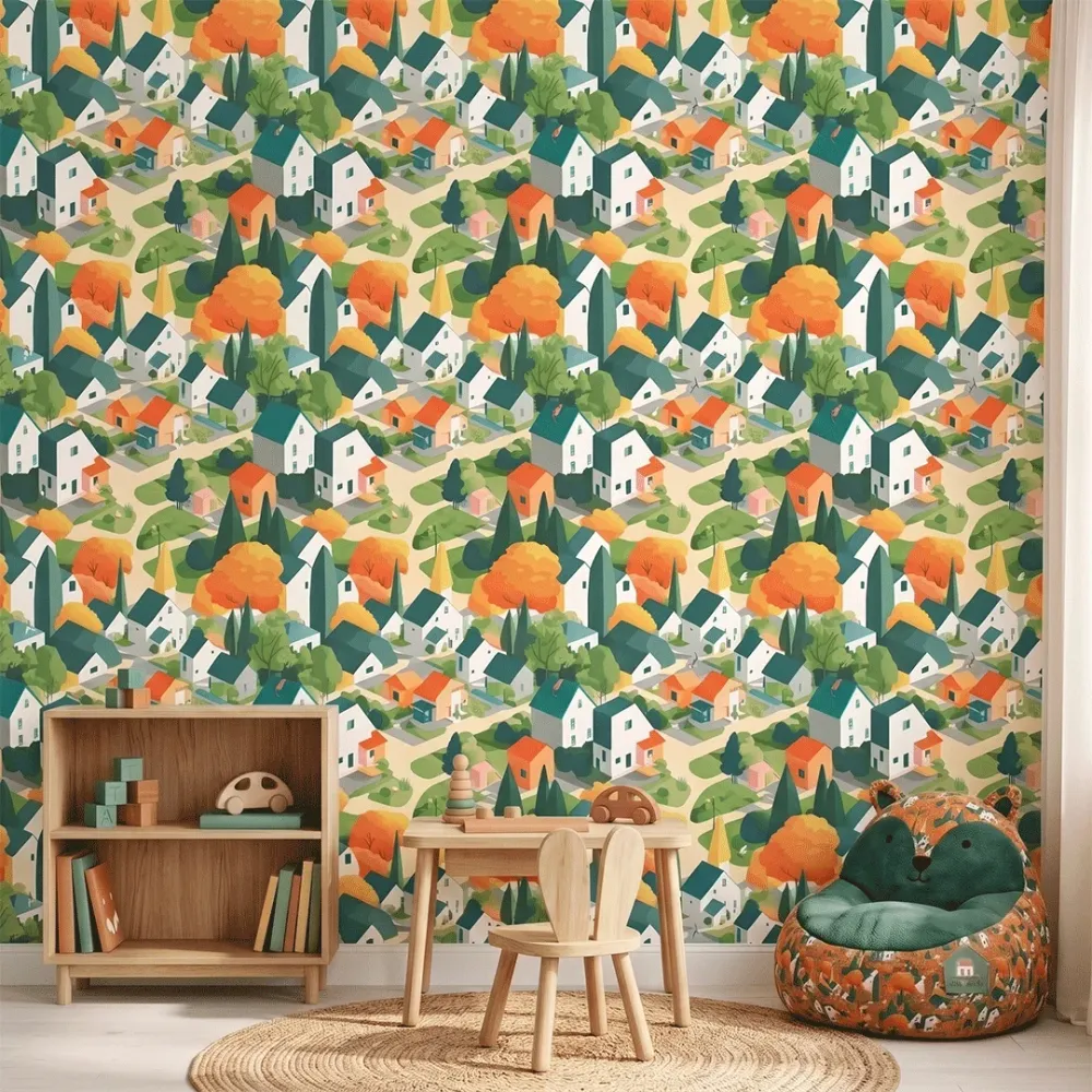 Scandinavian Village Kids Wallpaper | Premium Korean Vinyl Nursery Wallpaper