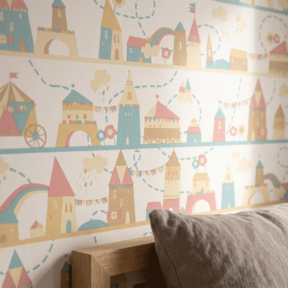 Pastel Fairytale Castle Kids Wallpaper | Premium Korean Vinyl Nursery Wallpaper