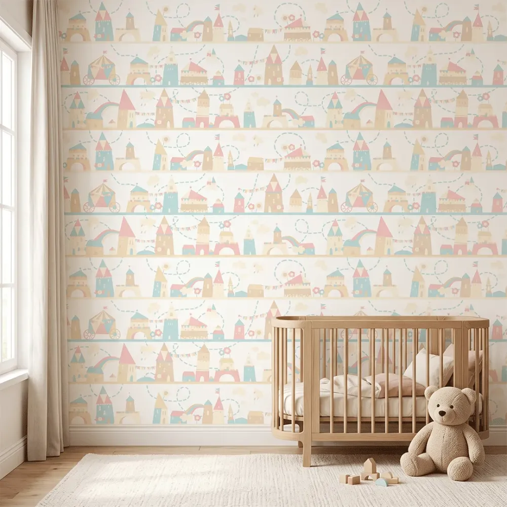 Pastel Fairytale Castle Kids Wallpaper | Premium Korean Vinyl Nursery Wallpaper