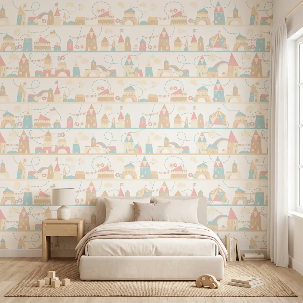 Pastel Fairytale Castle Kids Wallpaper | Premium Korean Vinyl Nursery Wallpaper