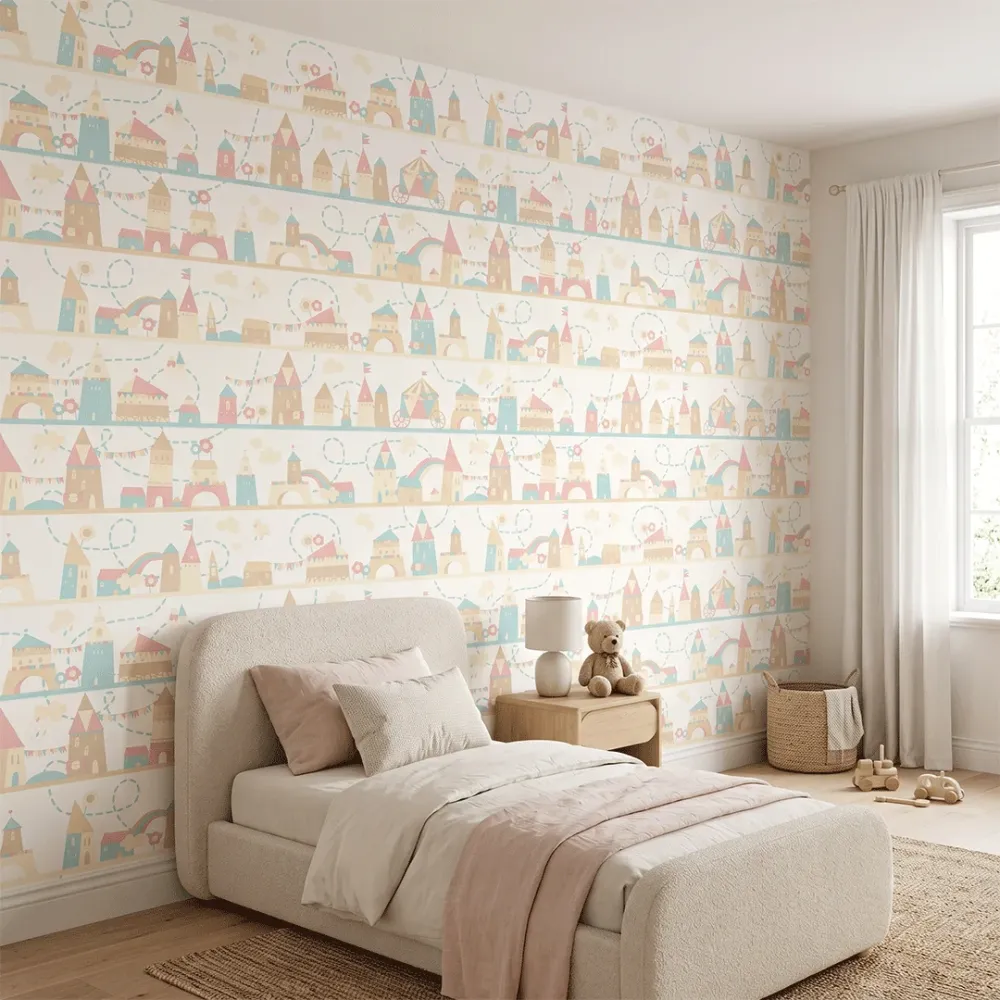 Pastel Fairytale Castle Kids Wallpaper | Premium Korean Vinyl Nursery Wallpaper