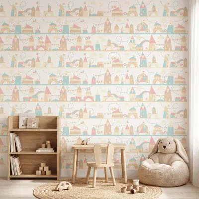 Pastel Fairytale Castle Kids Wallpaper | Premium Korean Vinyl Nursery Wallpaper