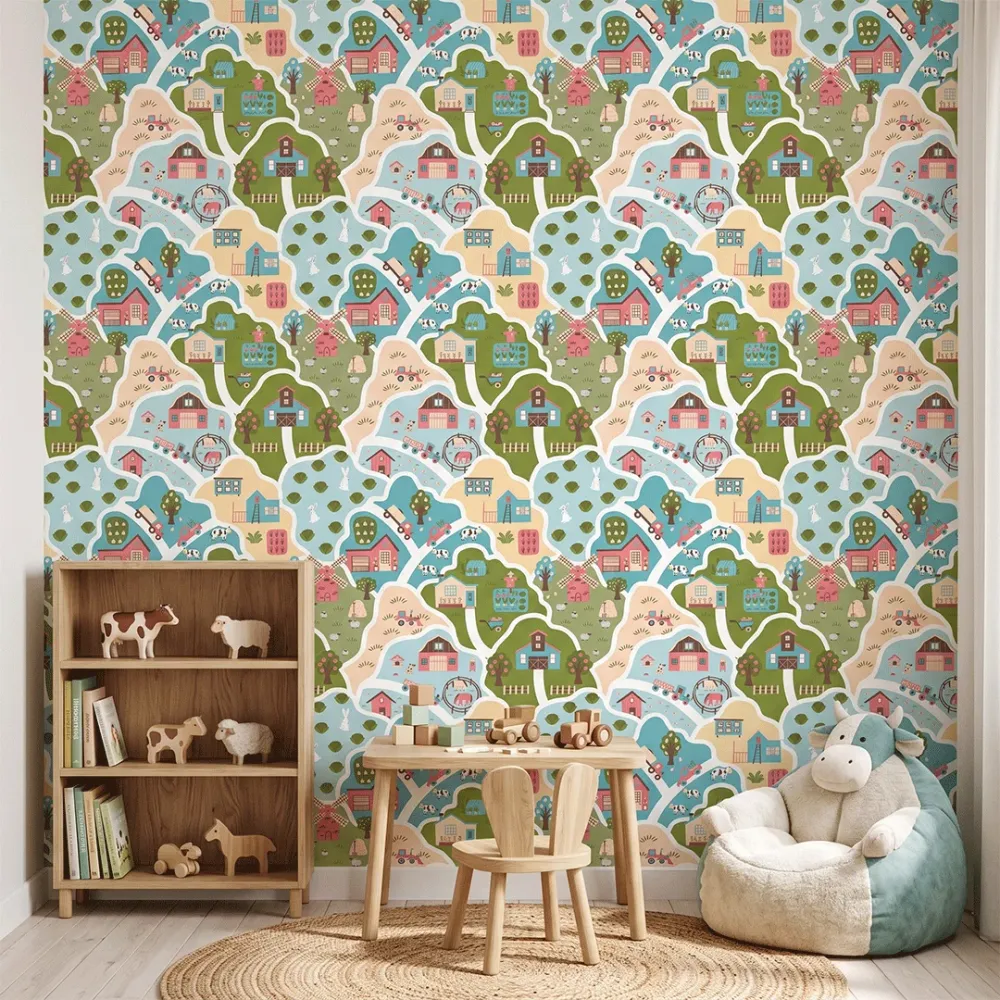 Pastel Farm Adventure Kids Wallpaper | Premium Korean Vinyl Nursery Wallpaper