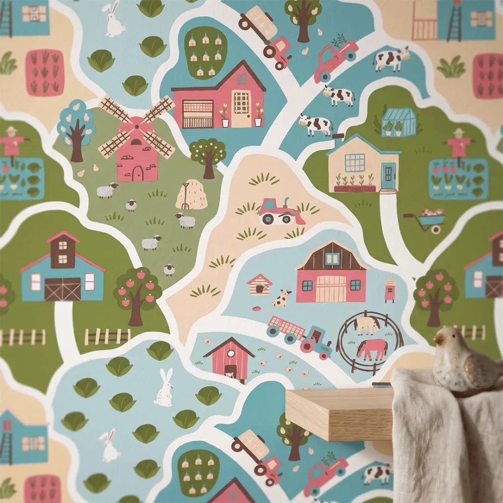 Pastel Farm Adventure Kids Wallpaper | Premium Korean Vinyl Nursery Wallpaper