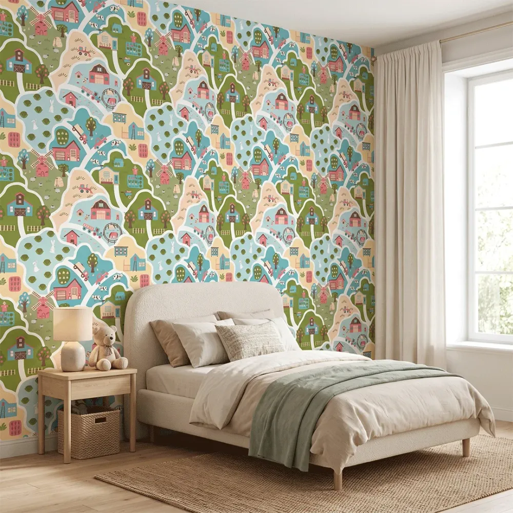 Pastel Farm Adventure Kids Wallpaper | Premium Korean Vinyl Nursery Wallpaper