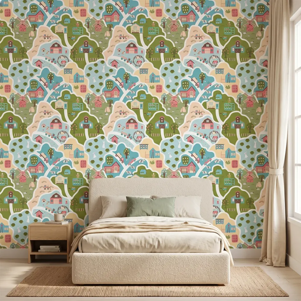 Pastel Farm Adventure Kids Wallpaper | Premium Korean Vinyl Nursery Wallpaper