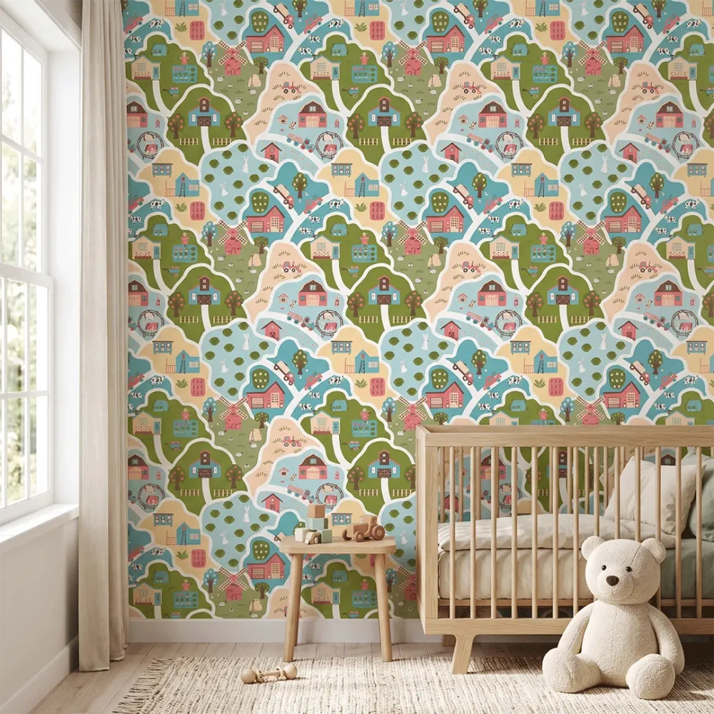 Pastel Farm Adventure Kids Wallpaper | Premium Korean Vinyl Nursery Wallpaper