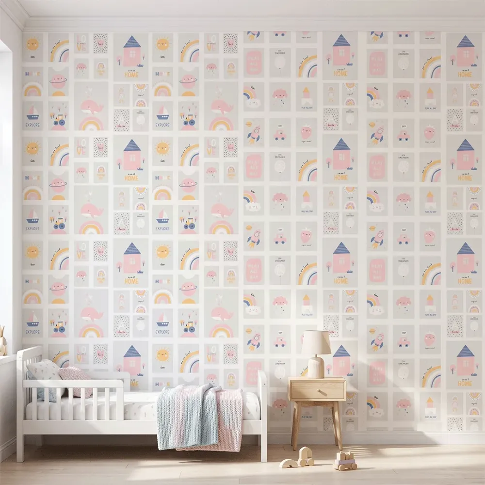 Pastel Nursery Illustration Wallpaper | Kids Room Wallpaper