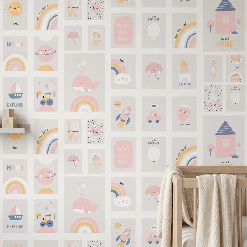 Pastel Nursery Illustration Wallpaper | Kids Room Wallpaper