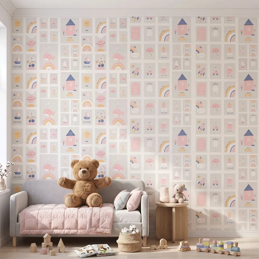 Pastel Nursery Illustration Wallpaper | Kids Room Wallpaper