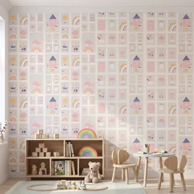 Pastel Nursery Illustration Wallpaper | Kids Room Wallpaper