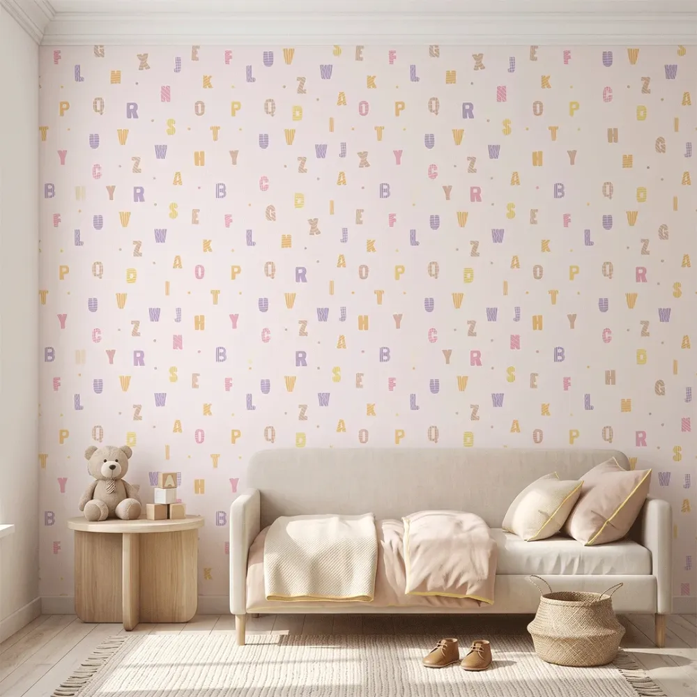 Pastel Pink Alphabet Kids Wallpaper | Educational Nursery Wallpaper