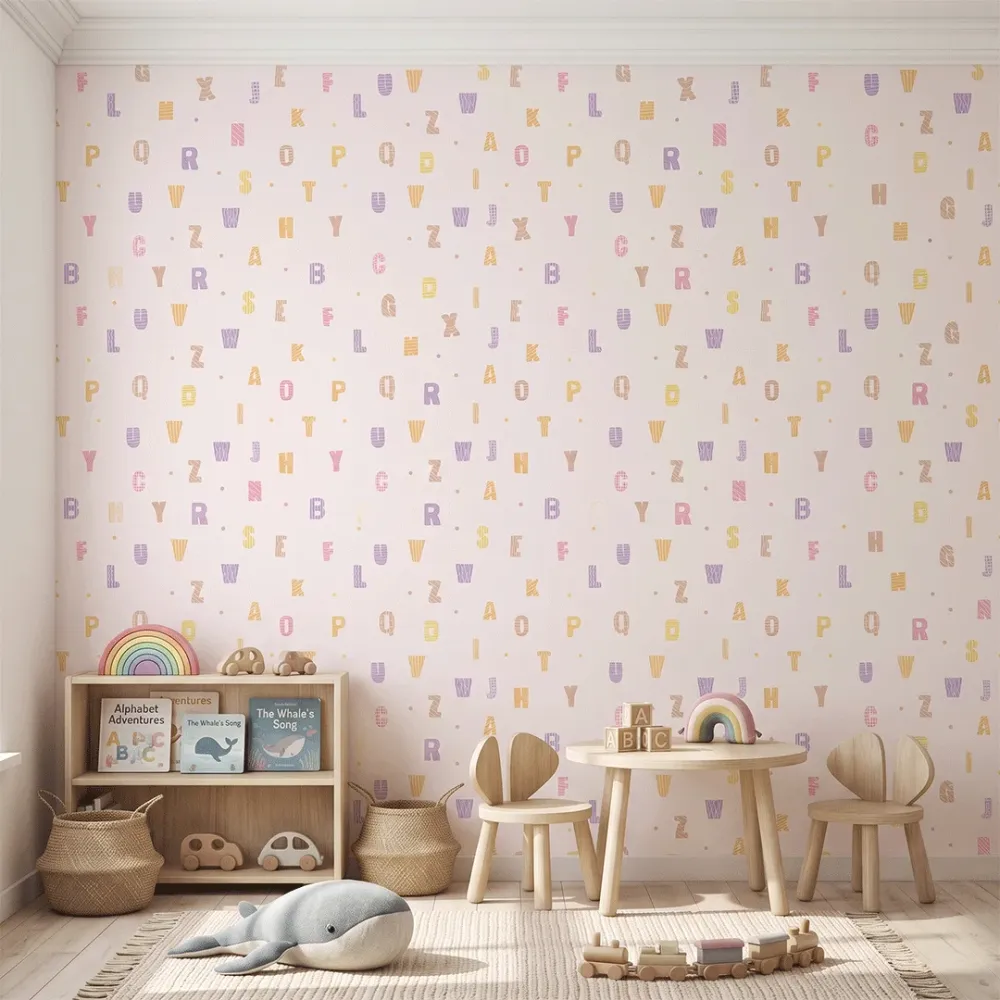 Pastel Pink Alphabet Kids Wallpaper | Educational Nursery Wallpaper