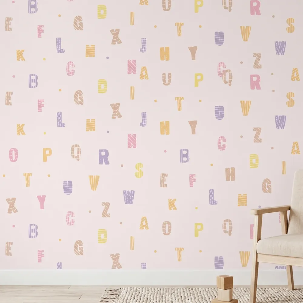 Pastel Pink Alphabet Kids Wallpaper | Educational Nursery Wallpaper