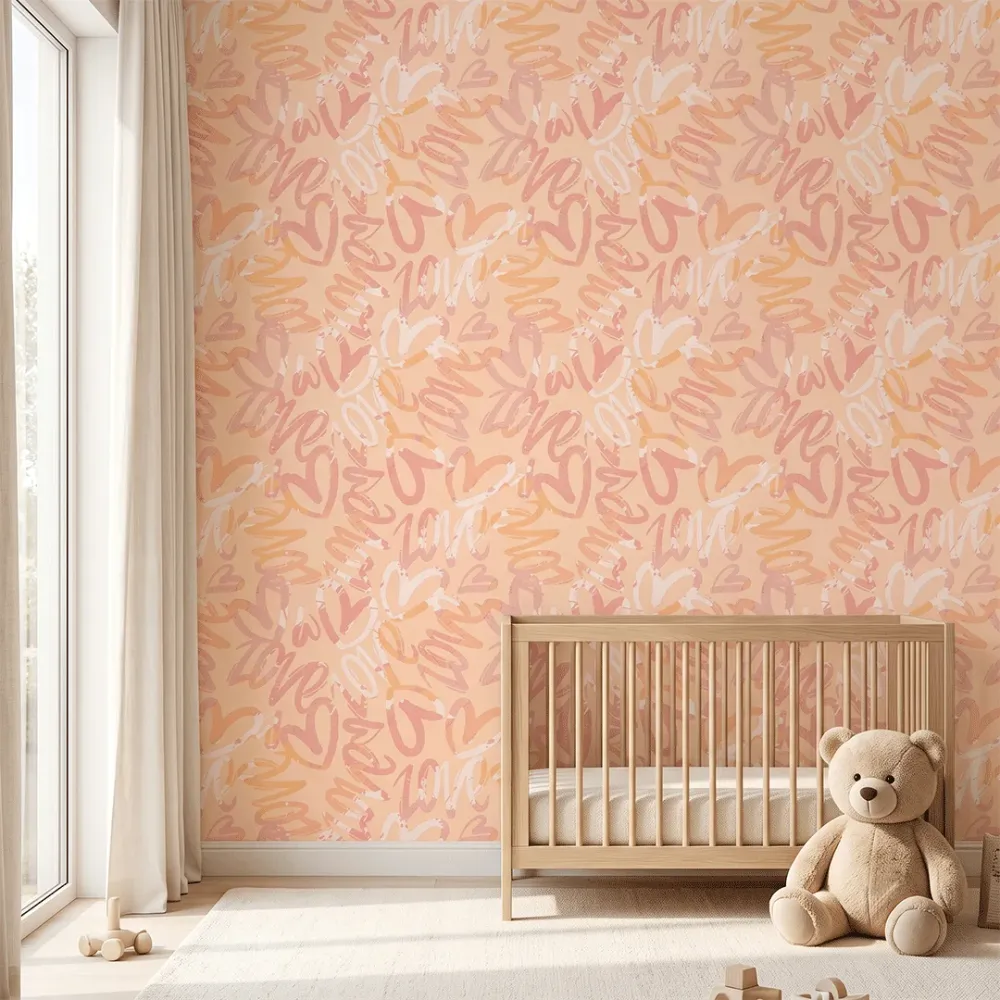 Peach Graffiti Love Wallpaper | Premium Korean Vinyl Girls & Teen Room Wallpaper
