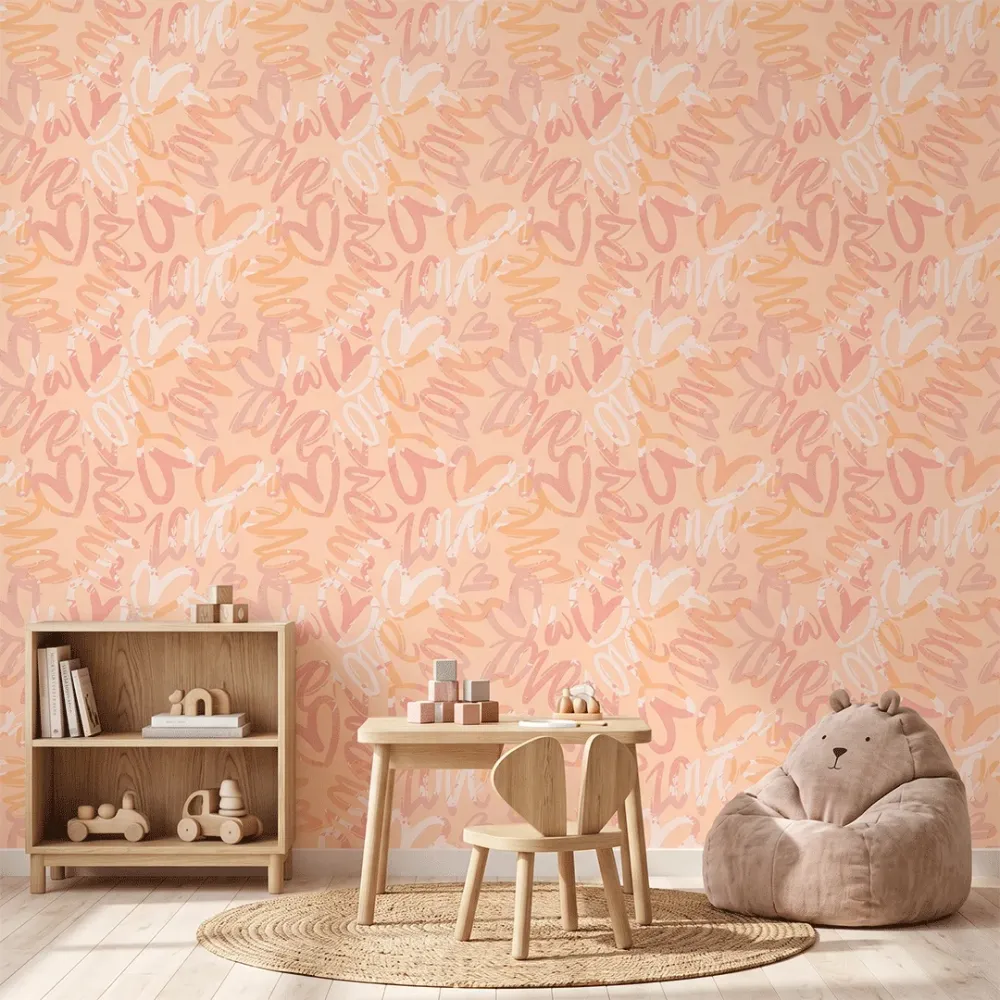Peach Graffiti Love Wallpaper | Premium Korean Vinyl Girls & Teen Room Wallpaper