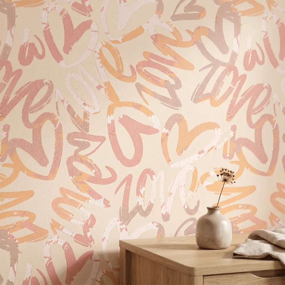 Peach Graffiti Love Wallpaper | Premium Korean Vinyl Girls & Teen Room Wallpaper