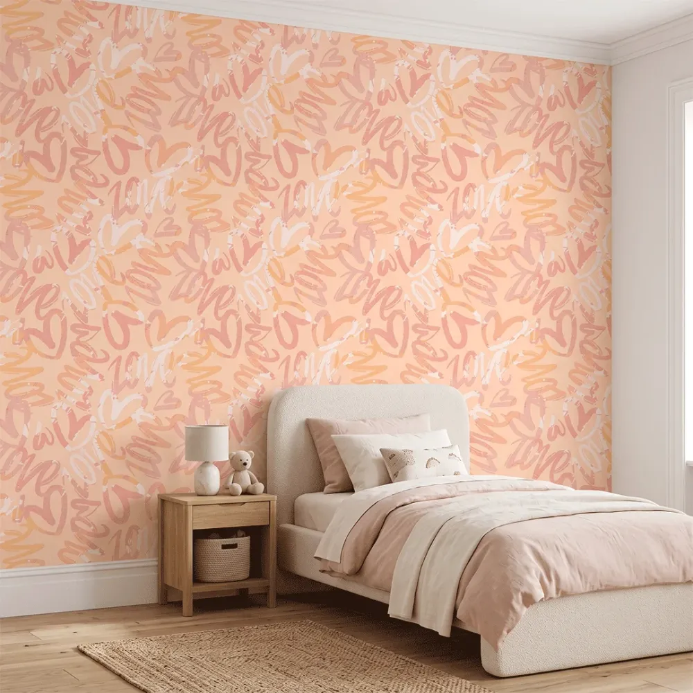 Peach Graffiti Love Wallpaper | Premium Korean Vinyl Girls & Teen Room Wallpaper
