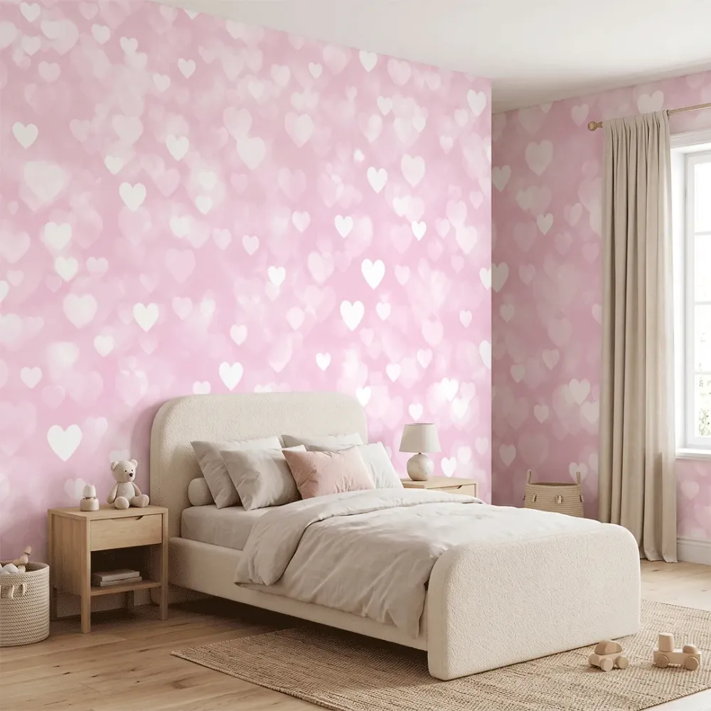 Pink Heart Pattern Kids Wallpaper | Cute Hearts Nursery Wallpaper