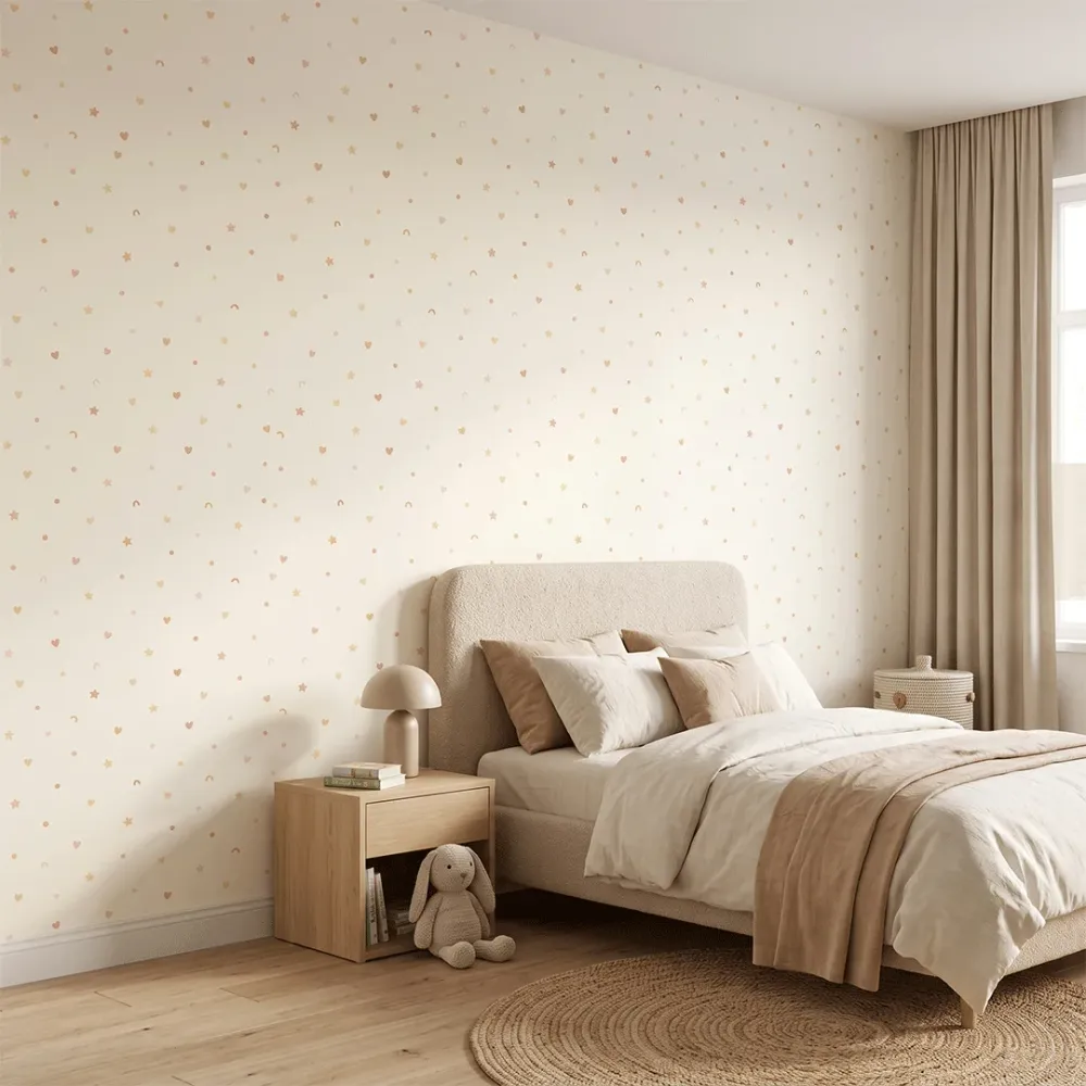 Peach Hearts & Stars Kids Wallpaper | Pastel Nursery Wallpaper