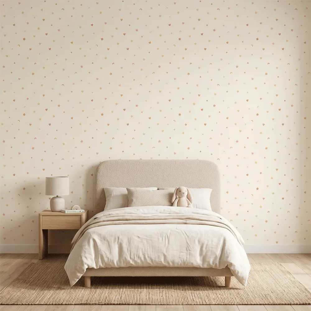 Peach Hearts & Stars Kids Wallpaper | Pastel Nursery Wallpaper