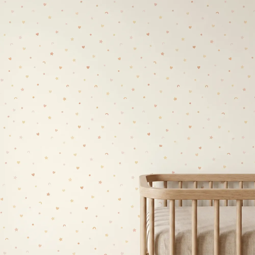 Peach Hearts & Stars Kids Wallpaper | Pastel Nursery Wallpaper