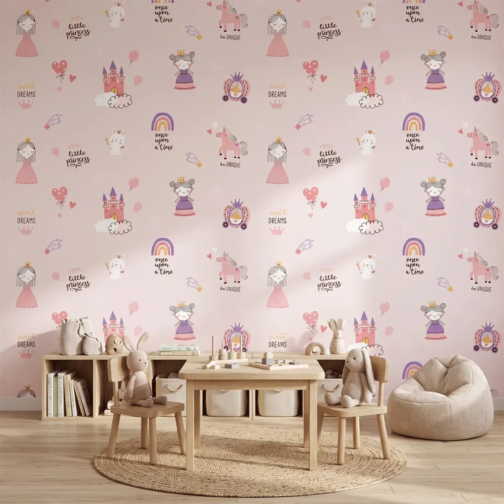 Princess Castle Kids Wallpaper | Pink Fairy Tale Nursery Wallpaper 