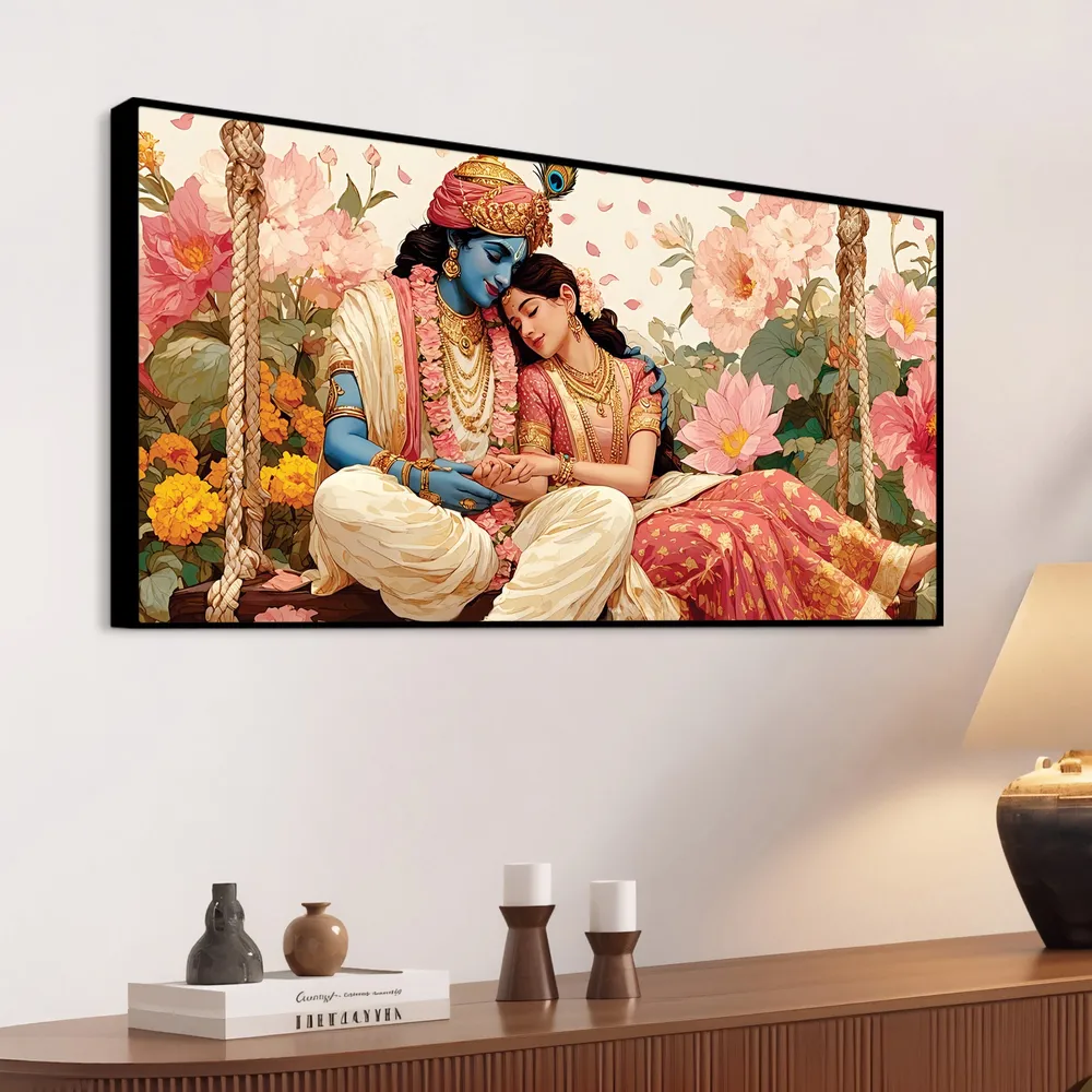 Sacred Togetherness of Radha Krishna Canvas Wall Painting With Frame