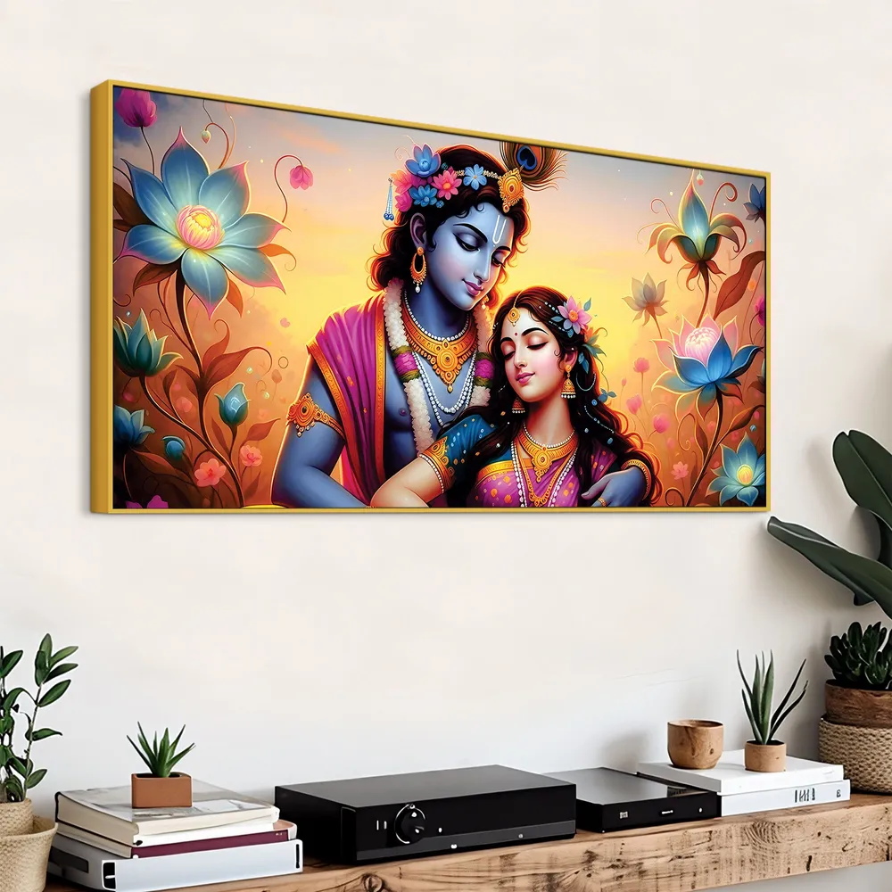 Blossoming Love of Radha Krishna Canvas Wall Painting With Frame