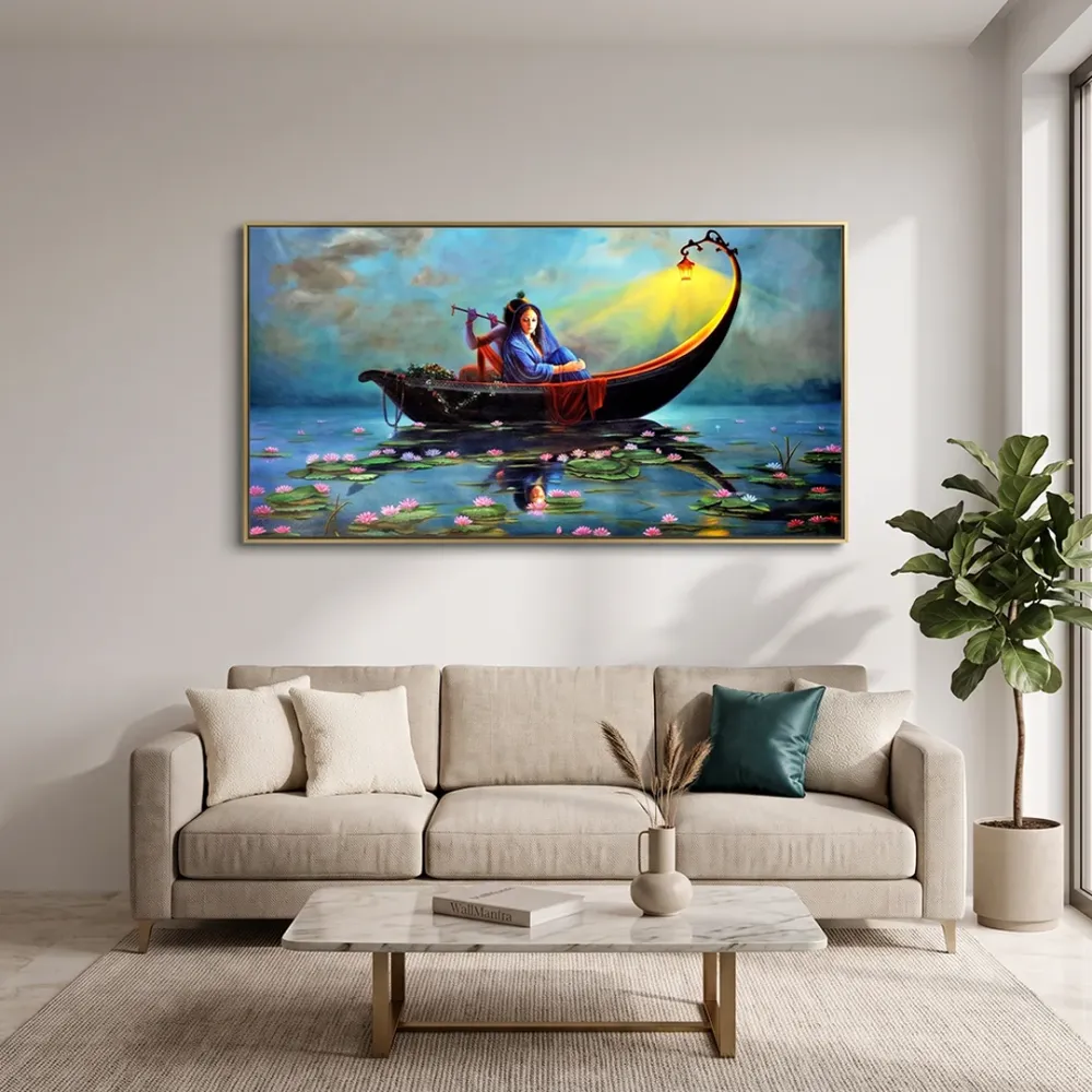 Radha Krishna on a Ferry Romantic Big Panoramic Wall Painting With Frame