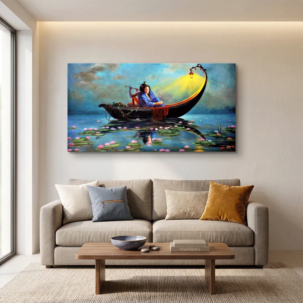 Radha Krishna on a Ferry Romantic Big Panoramic Wall Painting With Frame