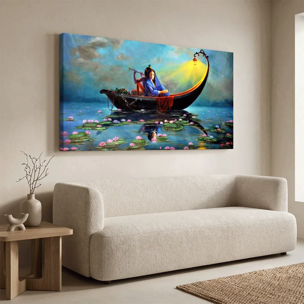 Radha Krishna on a Ferry Romantic Big Panoramic Wall Painting With Frame