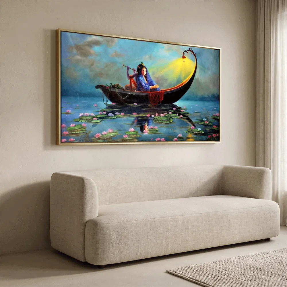Radha Krishna on a Ferry Romantic Big Panoramic Wall Painting With Frame