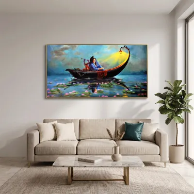 Radha Krishna on a Ferry Romantic Big Panoramic Wall Painting