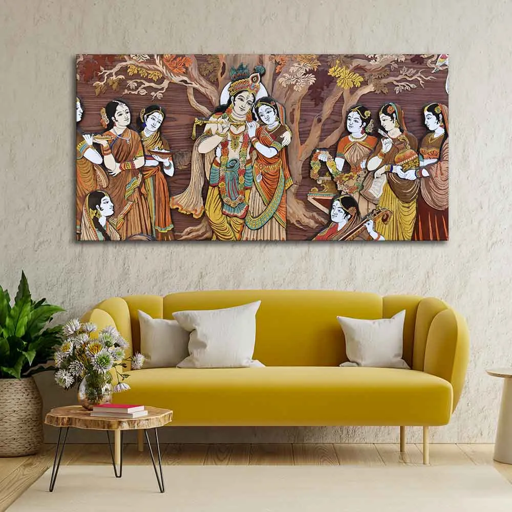 Divine Raas Leela of Krishna Canvas Wall Painting With Frame