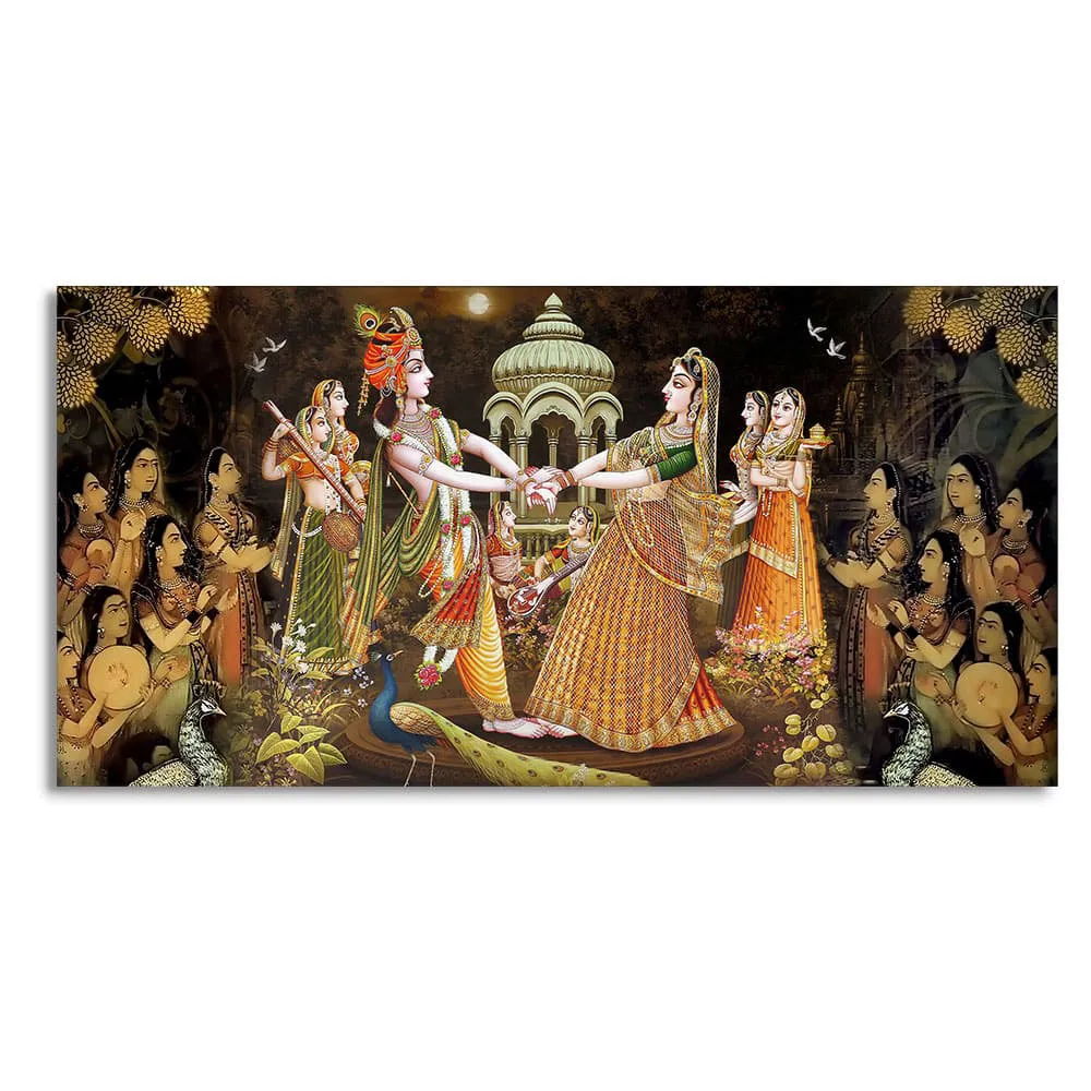 Celestial Raas Leela of Radha Krishna Canvas Wall Painting With Frame