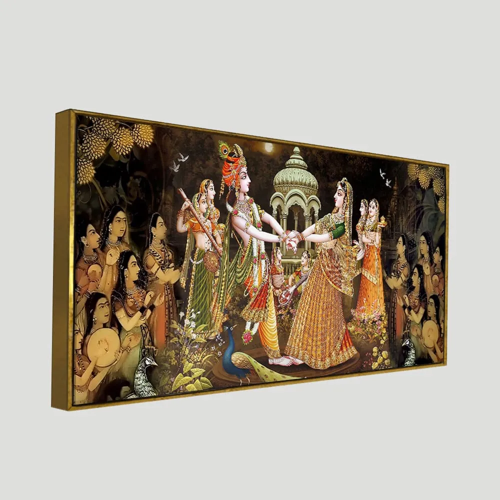 Celestial Raas Leela of Radha Krishna Canvas Wall Painting With Frame