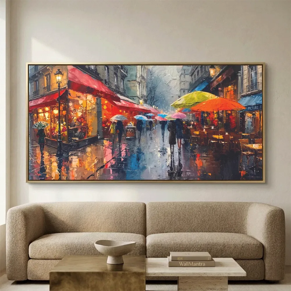 Rainy Paris Street Canvas Wall Art – Vibrant Café & Umbrella Scene With Frame