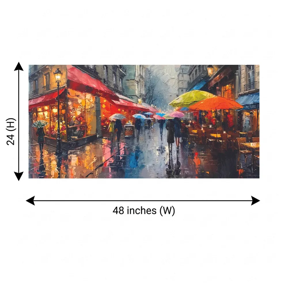 Rainy Paris Street Canvas Wall Art – Vibrant Café & Umbrella Scene With Frame