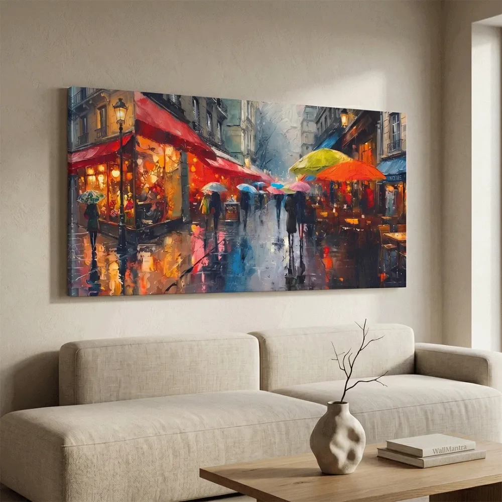 Rainy Paris Street Canvas Wall Art – Vibrant Café & Umbrella Scene With Frame